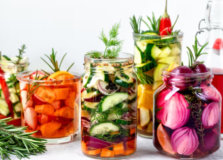 Pickled cucumbers and vegetables in jars
