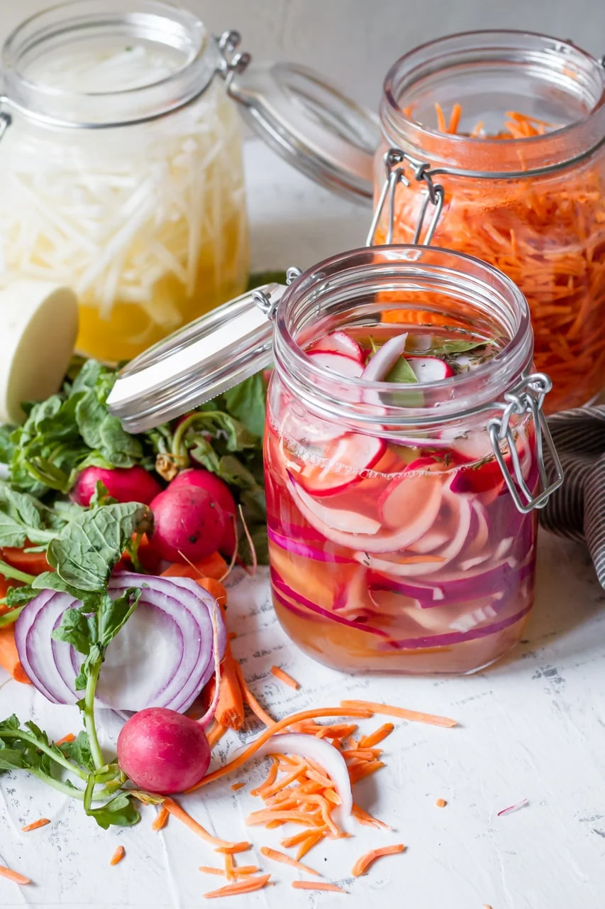 Marinated vegetable salads in jars